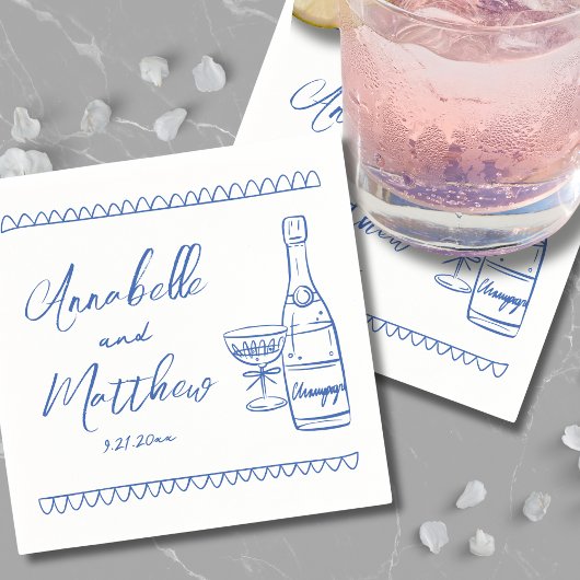 Hand getrokken grillige blauwe bruiloft servet