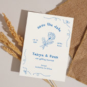 Hand getrokken grillige bloem blauwe bruiloft save the date