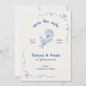 Hand getrokken grillige bloem blauwe bruiloft save the date (Voorkant)