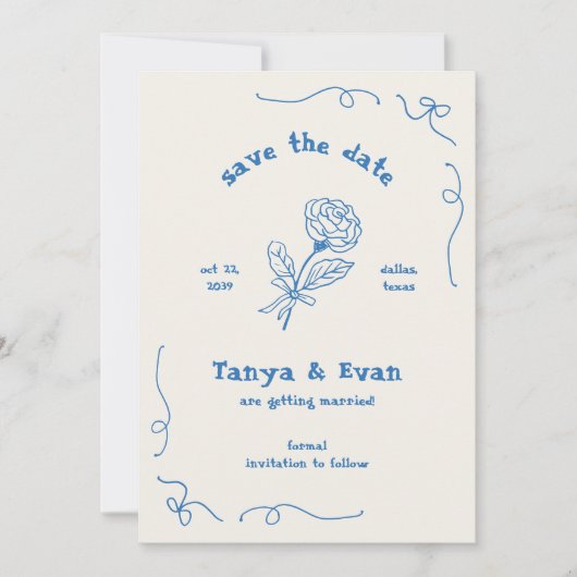 Hand getrokken grillige bloem blauwe bruiloft save the date (Voorkant)