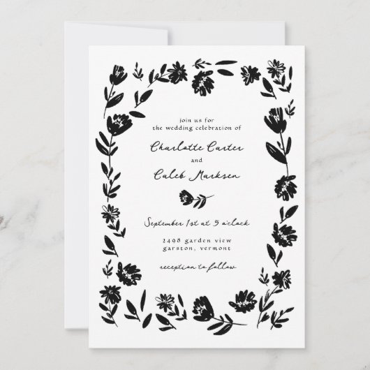 Hand getrokken grillige bloem grens bruiloft kaart (Voorkant)