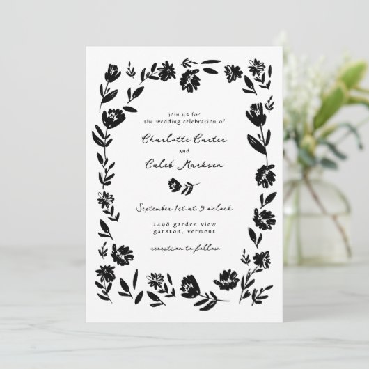 Hand getrokken grillige bloem grens bruiloft kaart (Staand voorkant)