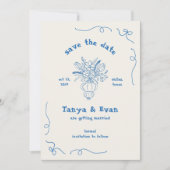 Hand getrokken grillige bloem vaas blauwe bruiloft save the date (Voorkant)