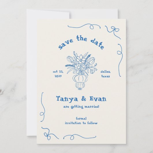 Hand getrokken grillige bloem vaas blauwe bruiloft save the date (Voorkant)