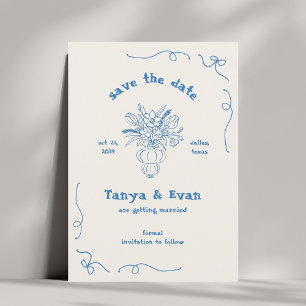 Hand getrokken grillige bloem vaas blauwe bruiloft save the date