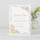 Hand getrokken grillige bloemenpastel bruiloft save the date (Staand voorkant)