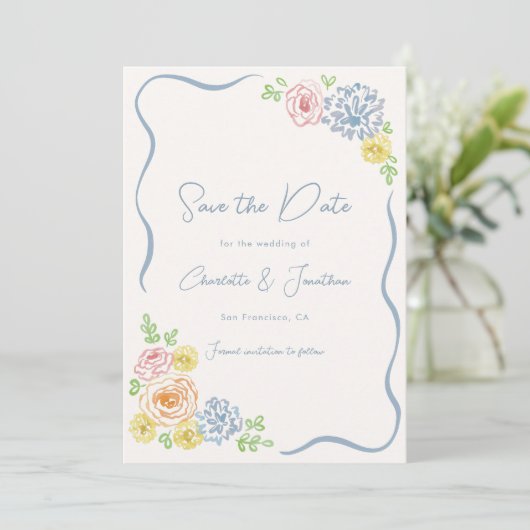 Hand getrokken grillige bloemenpastel bruiloft save the date (Staand voorkant)
