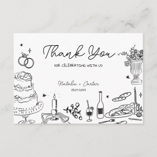 Hand getrokken grillige bruiloft Dank u Informatiekaartje (Voorkant)