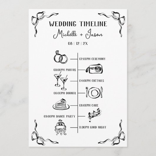 Hand getrokken grillige bruiloft reisschema programmakaart (Voorkant)
