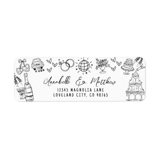 Hand getrokken grillige bruiloft retour adres etiket (Voorkant)