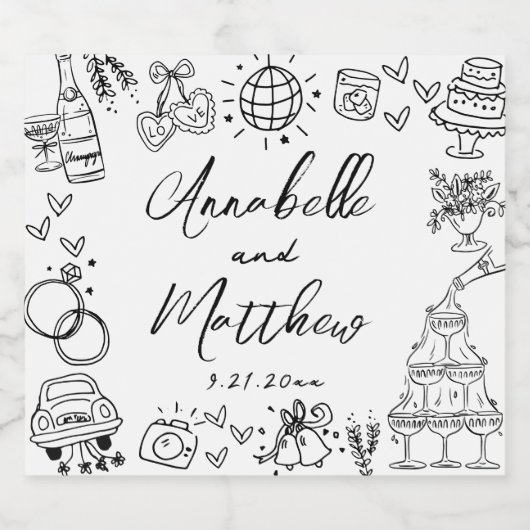 Hand getrokken grillige bruiloft sparkling wijnetiket (Enkel label)