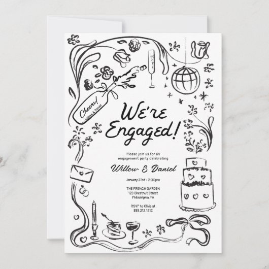 Hand getrokken grillige bruiloft verlovingsfeest kaart (Voorkant)