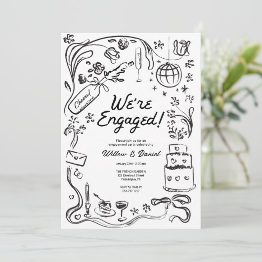 Hand getrokken grillige bruiloft verlovingsfeest kaart (Staand voorkant)