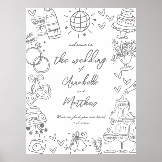 Hand getrokken grillige bruiloft welkom teken poster (Voorkant)