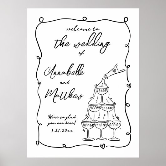 Hand getrokken grillige bruiloft welkom teken poster (Voorkant)