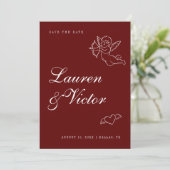 Hand getrokken grillige Cupido Bourgogne rode brui Save The Date (Staand voorkant)