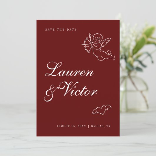 Hand getrokken grillige Cupido Bourgogne rode brui Save The Date (Staand voorkant)