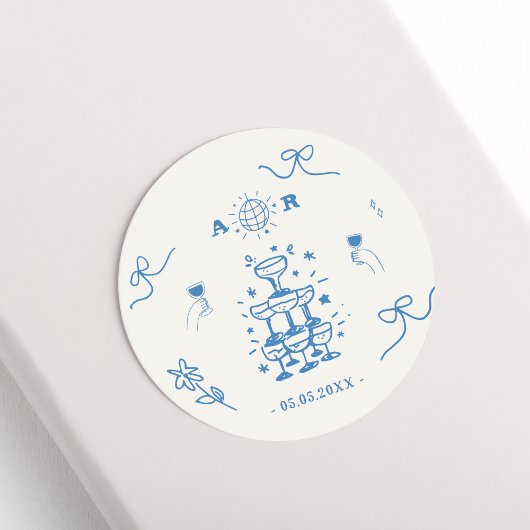 Hand getrokken grillige disco Franse bruiloft mono Ronde Sticker