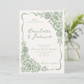 Hand getrokken grillige Floral Sage Green Wedding Kaart (Staand voorkant)