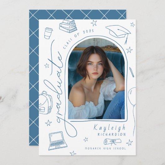 Hand getrokken grillige foto Afstuderen aankondigi Aankondiging (Voorkant / Achterkant)