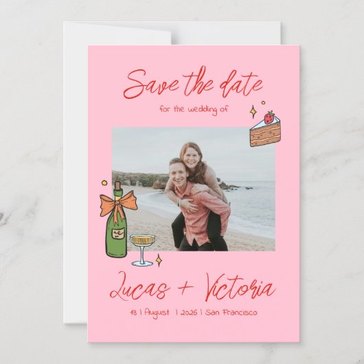 Hand getrokken grillige foto bruiloft bewaar de da magnetische uitnodiging (Voorkant)