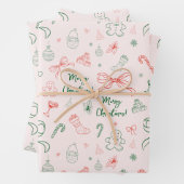 Hand getrokken grillige Franse Coquette Bow Kerstm Inpakpapier Vel (In situ)