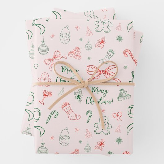 Hand getrokken grillige Franse Coquette Bow Kerstm Inpakpapier Vel (In situ)