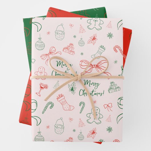 Hand getrokken grillige Franse Coquette Bow Kerstm Inpakpapier Vel (In situ)