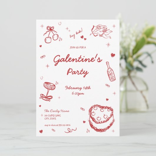 Hand getrokken grillige Galentine's Party uitnodig Kaart (Staand voorkant)