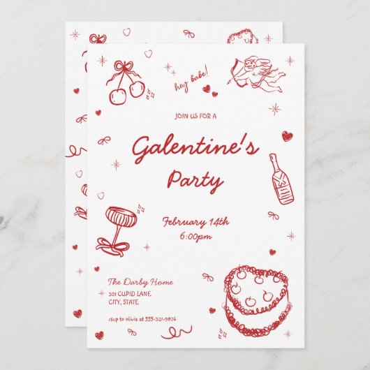 Hand getrokken grillige Galentine's Party uitnodig Kaart (Voorkant / Achterkant)