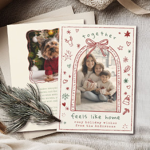 Hand getrokken grillige kerst boog Doodle foto Feestdagenkaart