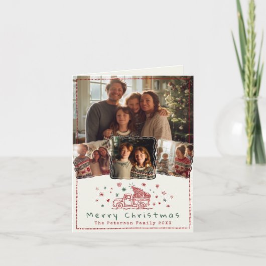 Hand getrokken grillige kerst truck 4 foto feestdagen kaart (Voorkant)