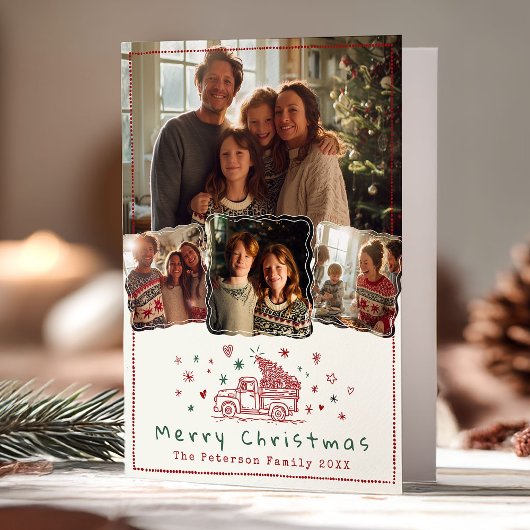 Hand getrokken grillige kerst truck 4 foto feestdagen kaart