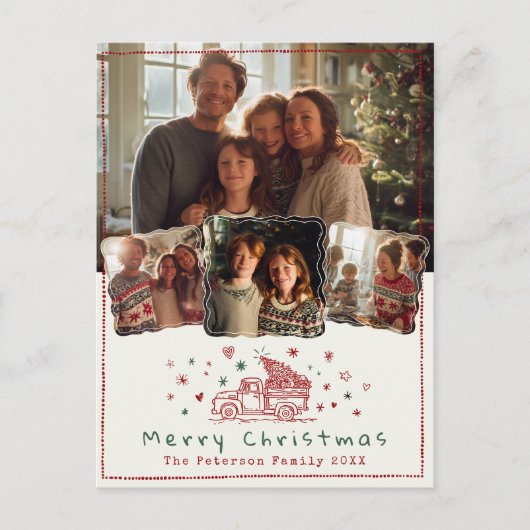 Hand getrokken grillige kerst truck 4 foto feestdagenkaart (Voorkant)