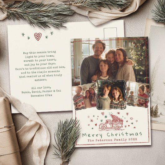 Hand getrokken grillige kerst truck 4 foto feestdagenkaart