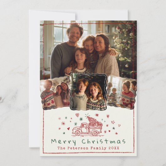 Hand getrokken grillige kerst truck 4 foto feestdagenkaart (Voorkant)