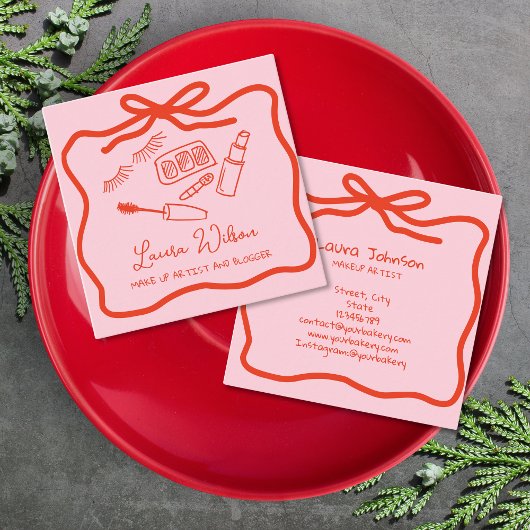 Hand getrokken grillige make-up artist rood roze b vierkante visitekaartje