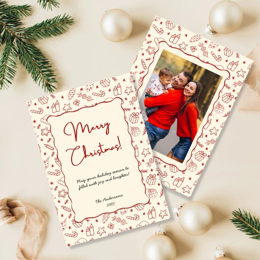 Hand getrokken grillige rode doedel kerstfoto feestdagenkaart