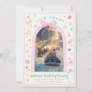 Hand getrokken grillige roze boog Doodle foto Feestdagenkaart