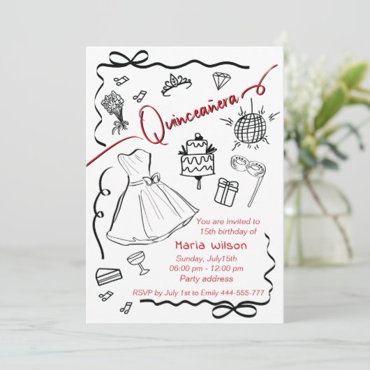 Hand getrokken grillige speelse prinses Quinceañer Kaart (Staand voorkant)