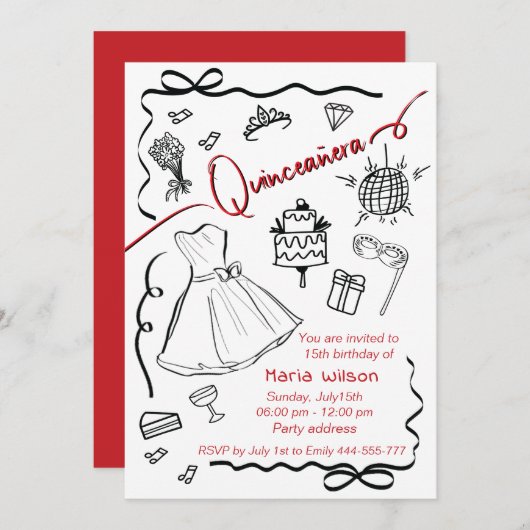 Hand getrokken grillige speelse prinses Quinceañer Kaart (Voorkant / Achterkant)
