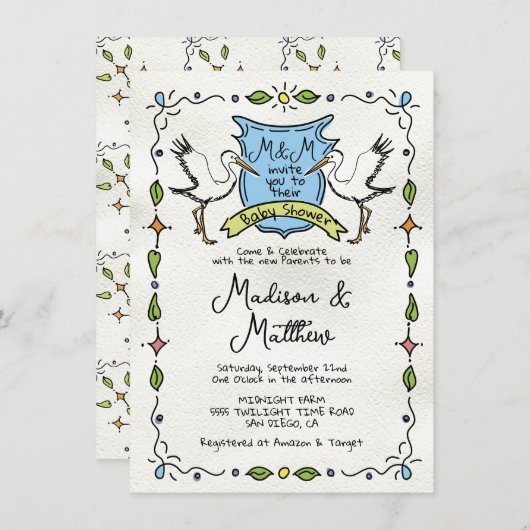Hand getrokken grillige Stork Crest Baby shower Kaart (Voorkant / Achterkant)
