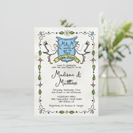 Hand getrokken grillige Stork Crest Baby shower Kaart (Staand voorkant)