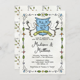 Hand getrokken grillige Stork Crest Baby shower Kaart