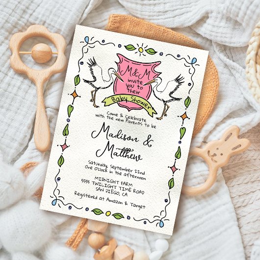 Hand getrokken grillige Stork Crest Baby shower Kaart
