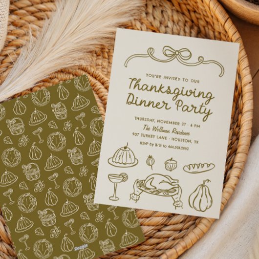 Hand getrokken grillige Thanksgiving Dinner Uitnod Feestdagenkaart