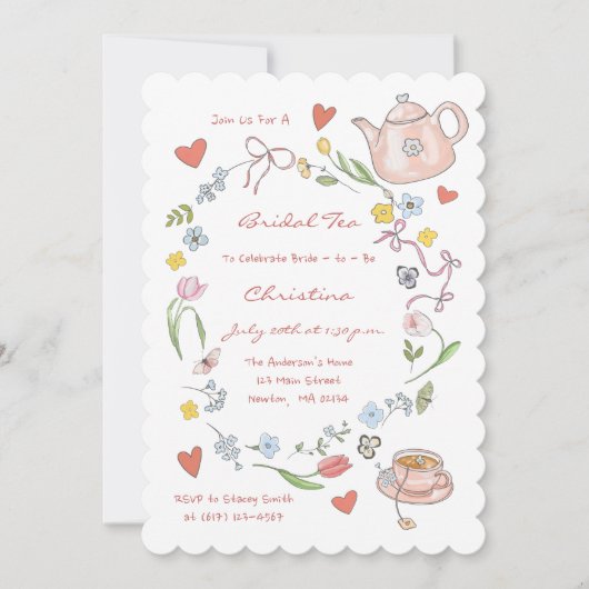 Hand getrokken grillige thee bruids douche uitnodi kaart (Voorkant)