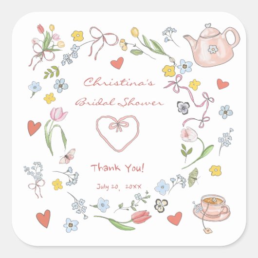 Hand getrokken grillige thee Vrijgezellenfeest Vierkante Sticker (Voorkant)