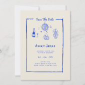 Hand getrokken grillige trendy blauwe funky bruilo kaart (Voorkant)