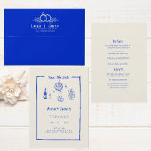 Hand getrokken grillige trendy blauwe funky bruilo kaart